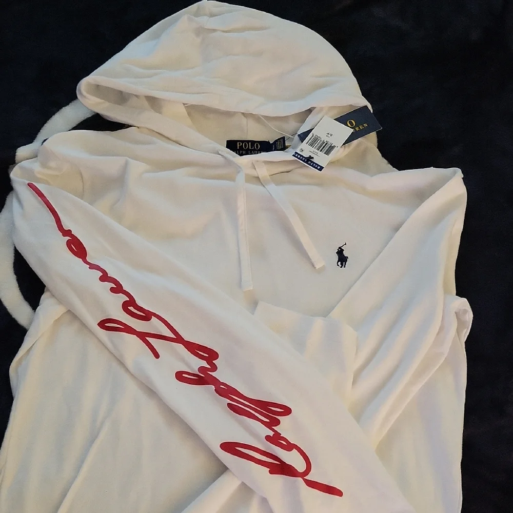 Polo by Ralph Lauren White Zip-Up Hoodie with Red Script Sleeve (Black Horse) - Picture 1 of 11